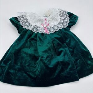 Vintage  Little Precious  Emerald Green Velvet Lace Baby Dress 80s 90s Rare 12M